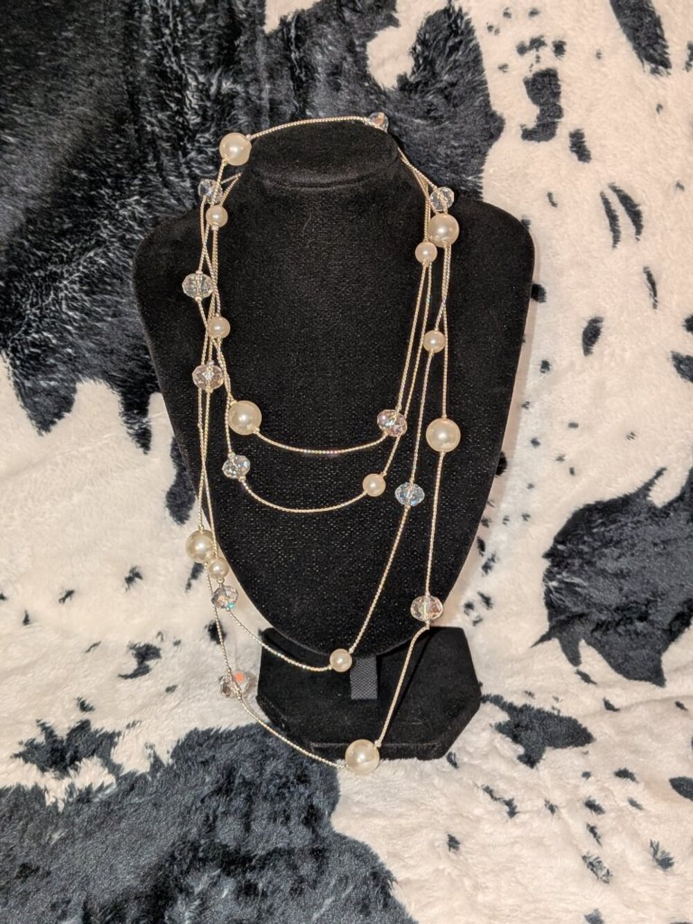 Signed RMN Roman Faux Pearl & Faceted Crystal Long Station Layering Necklace